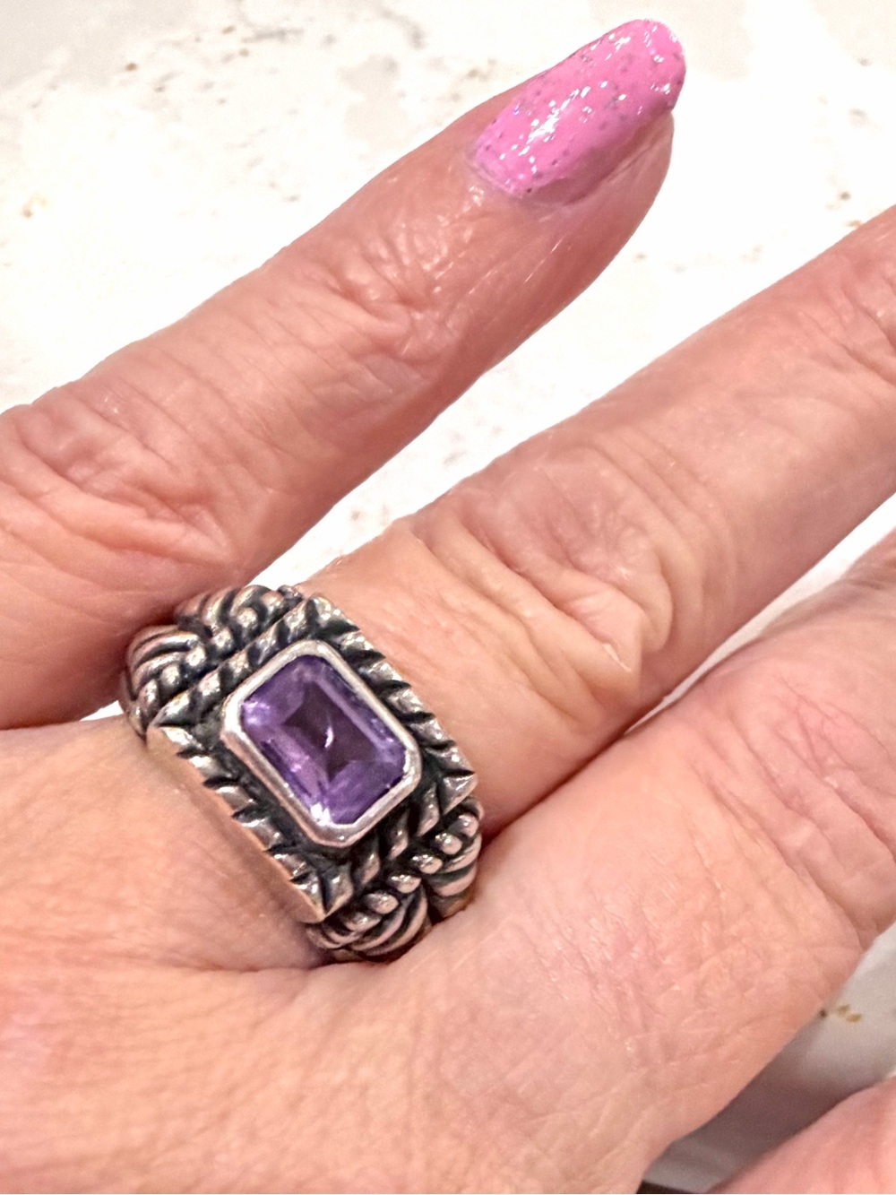 Vintage 925 Sterling Silver Amethyst Cigar Band Ring - Size 6